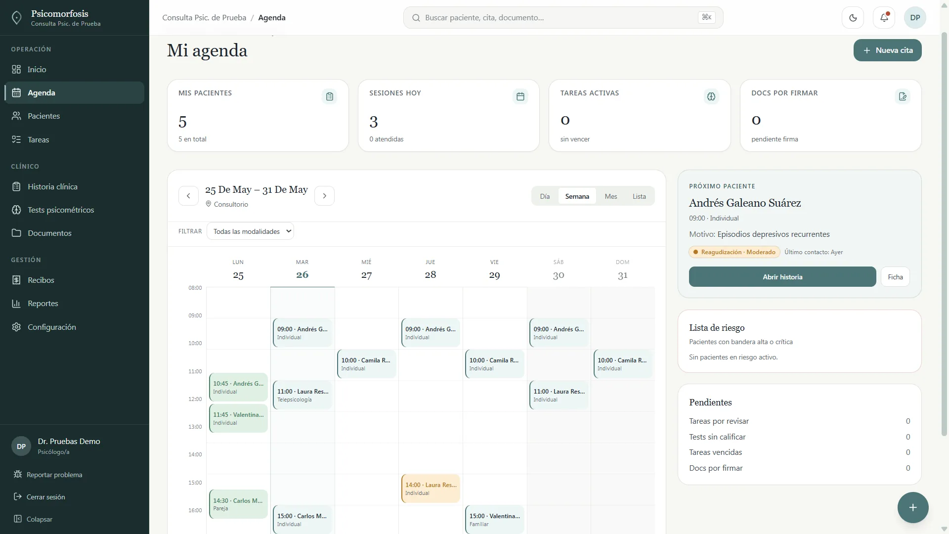Vista semanal de agenda con citas, próximo paciente y pendientes