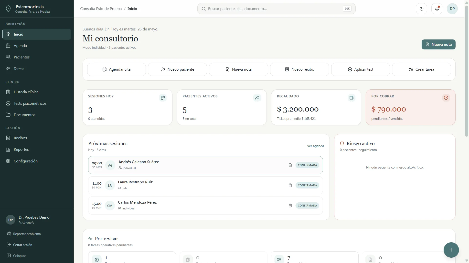 Dashboard de Psicomorfosis con sesiones del día, KPIs y próximas citas