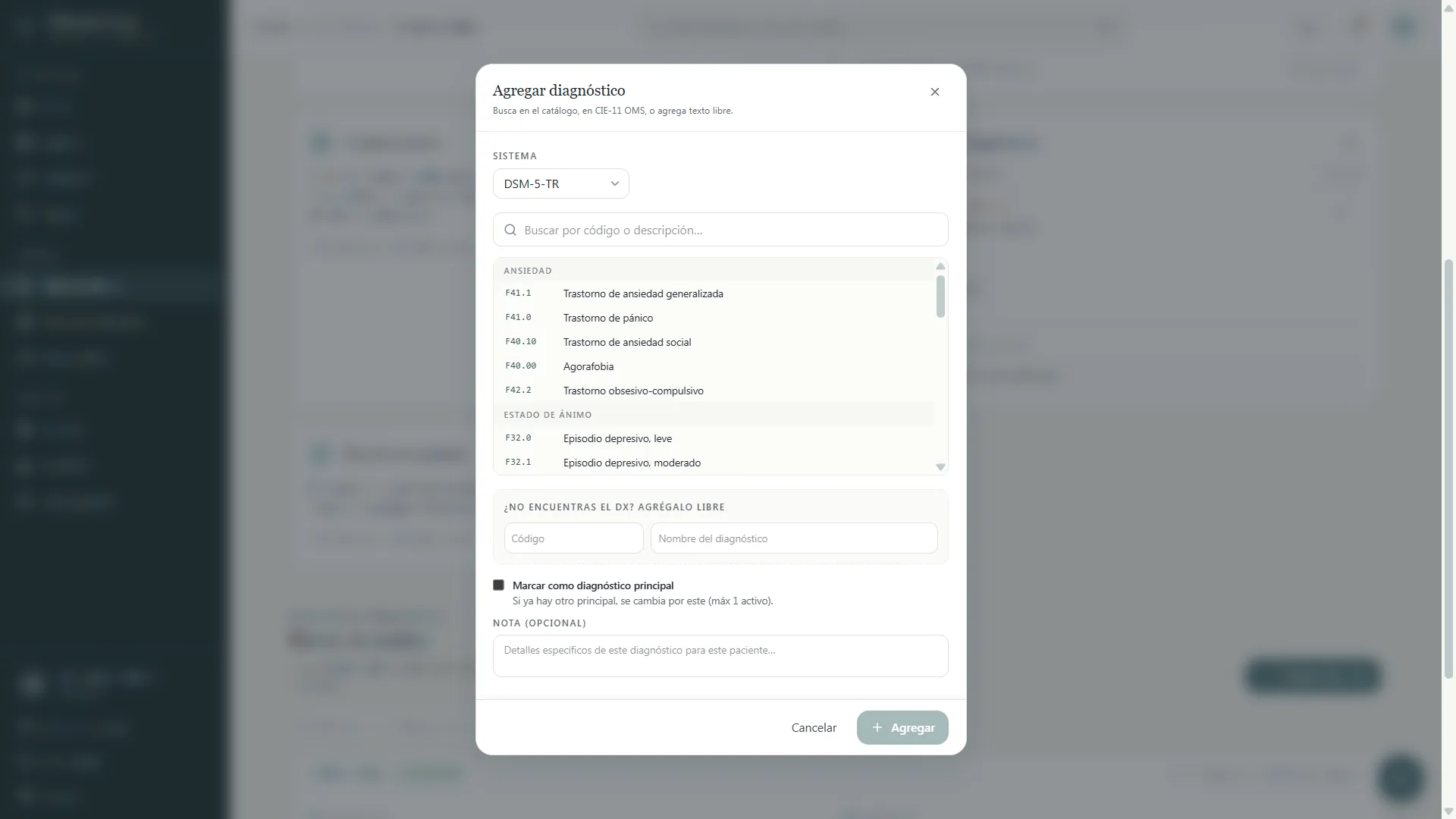 Modal para agregar diagnóstico DSM-5 y CIE-11
