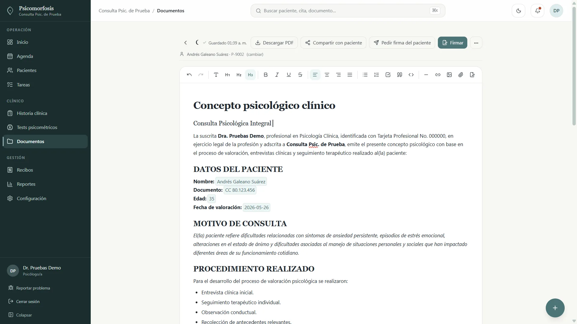 Editor de concepto psicológico con datos del paciente y motivo de consulta