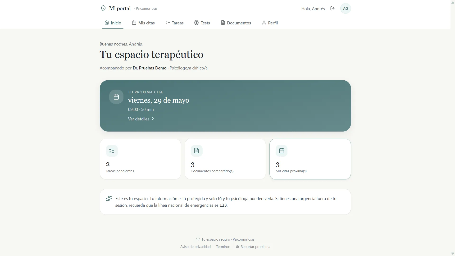 Portal del paciente mostrando próxima cita, tareas y documentos